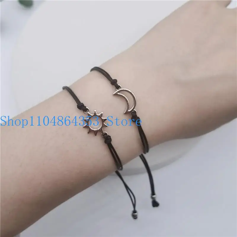 652F 2x for Sun Moon Bracelet Pendant Valentine's Day Matching Bracelets Couple Bracelet Jewelry Gift for Girlfr