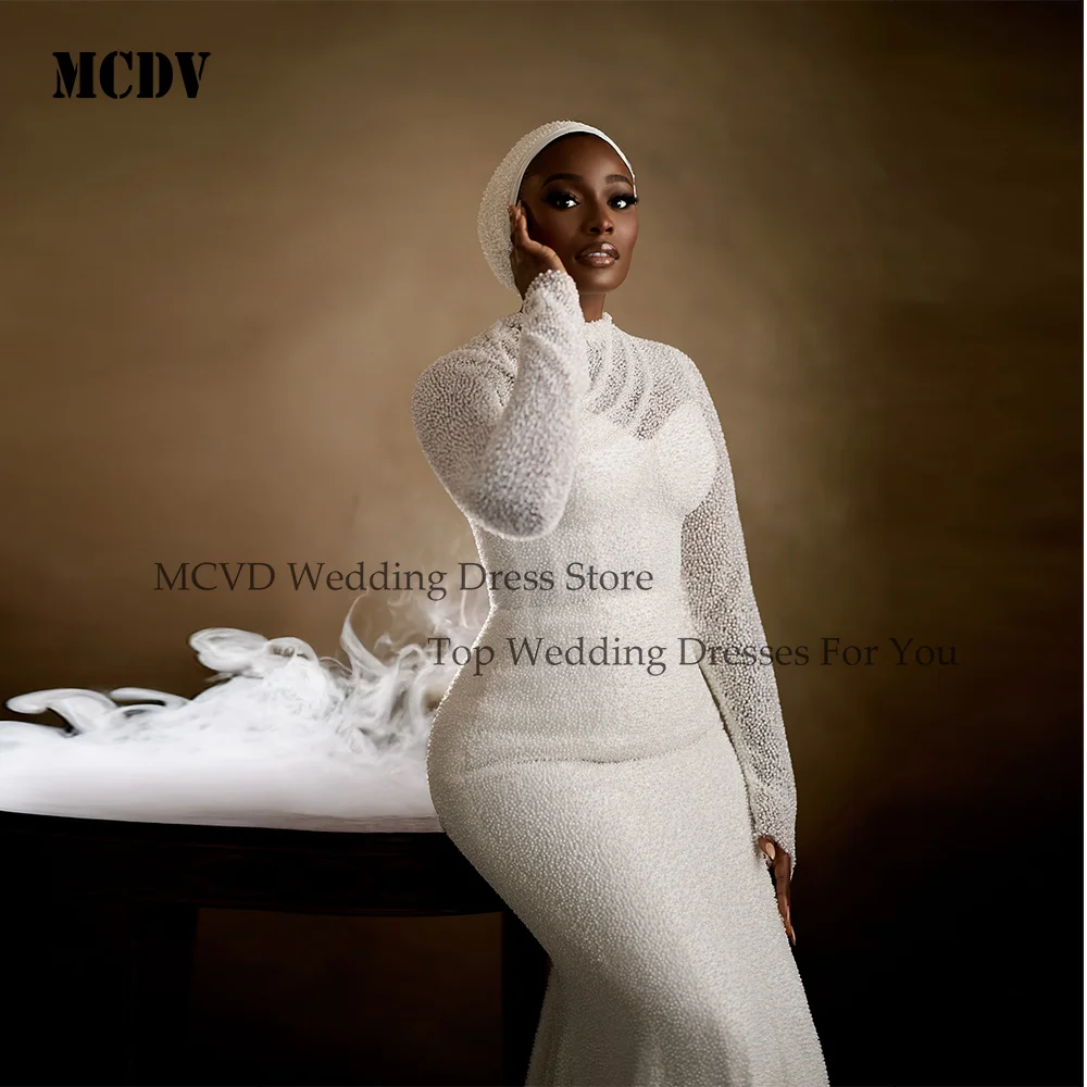 MCDV Customized O-Neck Beaded Lace Pearls Mermaid Wedding Dress African Sweep Train Long Sleeves Luxury Bridal Gown Sweep Train