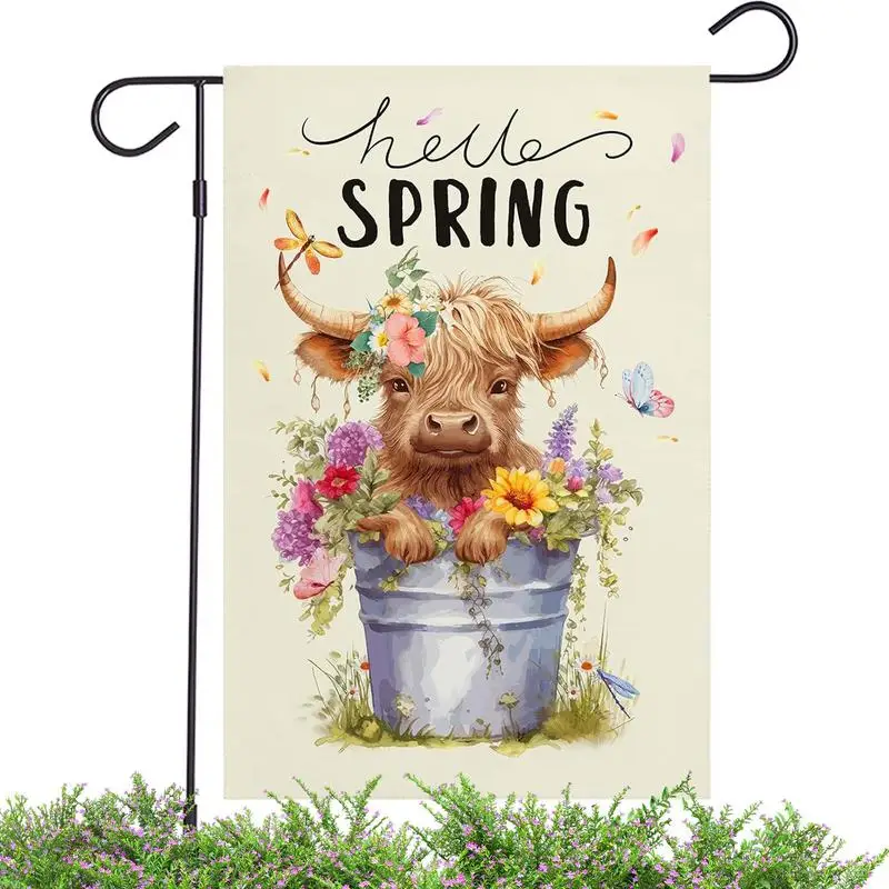 12x18inch Welcome Spring Highland Cow House Flag Vertical Farmhouse Floral Cow Yard Decor Spring Summer