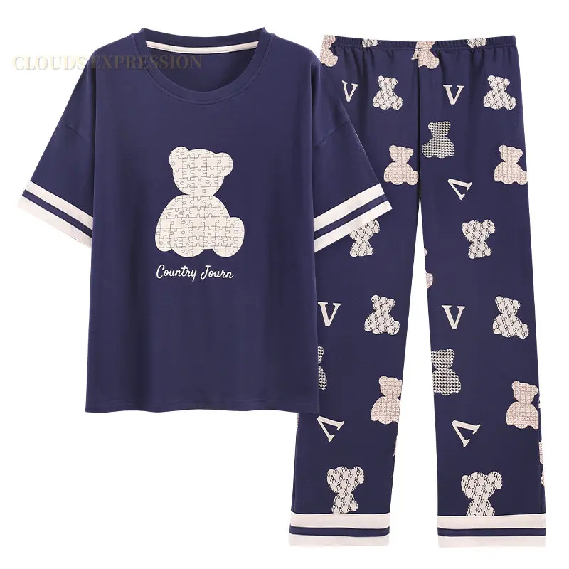 Big 5XL Pajama Sets Short Sleeved Cartoon Bear Knitted Cotton Plaid Sleepwear Elegant Women\'s Pajamas Lounge Home Pijama Mujer