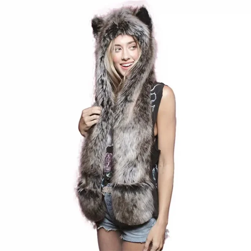 Women Mens Fashion Hot New Wolf Animal Hoods Cute Animal Faux Fur Hat Cap  Sales Warm Animal Fur Hats with Gloves Girl