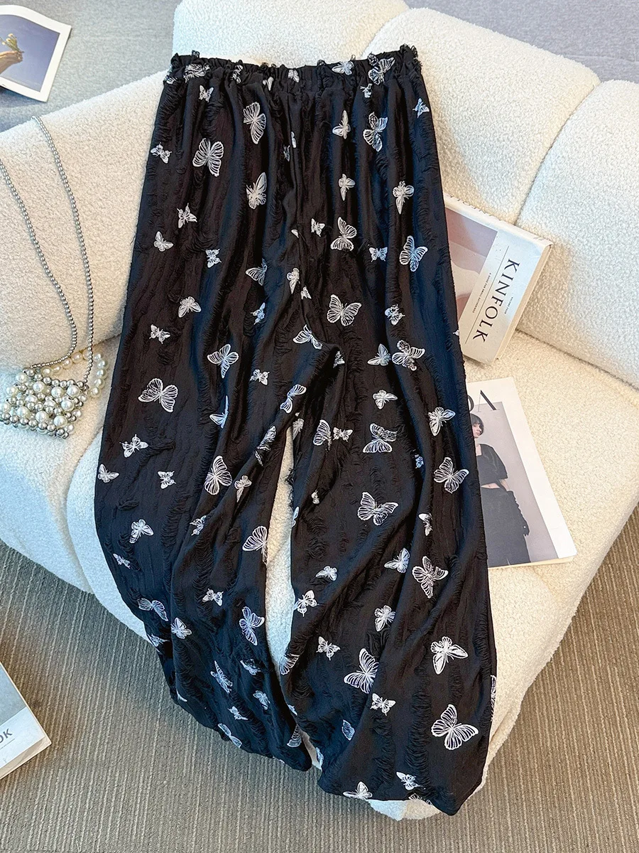 150Kg Plus Size Women's Hip 150 Autumn Butterfly Embroidery High Waist Wide Leg Hanging Casual Pants Black 5XL 6XL 7XL 8XL 9XL