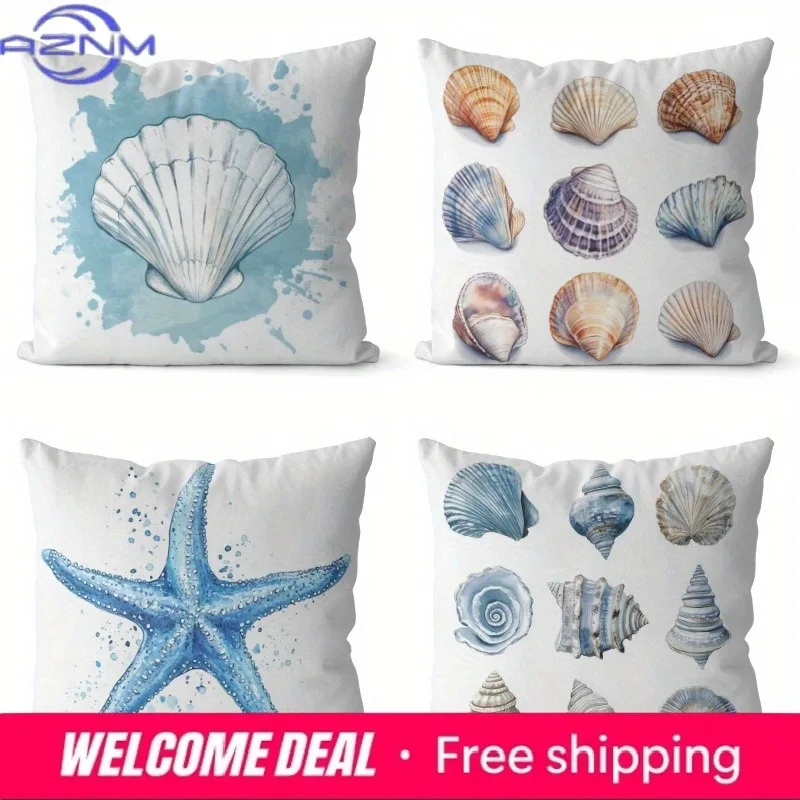 Home Decor Seashell & Starfish Watercolor Pattern Pillow Covers Pattern Cushion Cover Suitable For Sofa Bedroom Car Pillow Cover
