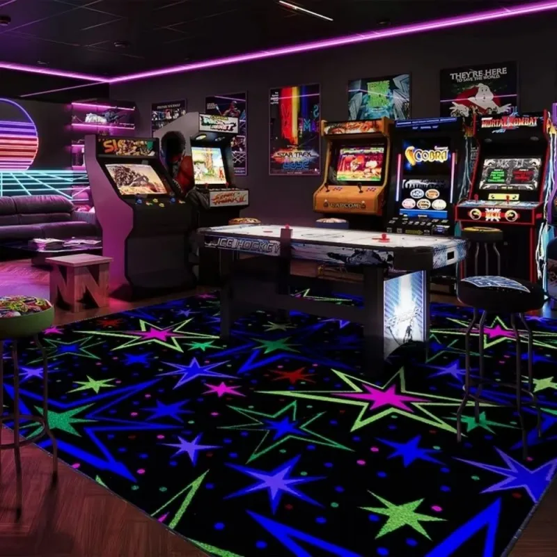 VIKAMA Neon Starry Sky Video Game Rug for Game Rooms, Home Theaters, and Living Rooms—Non-Slip and Machine-Washable Home Decor