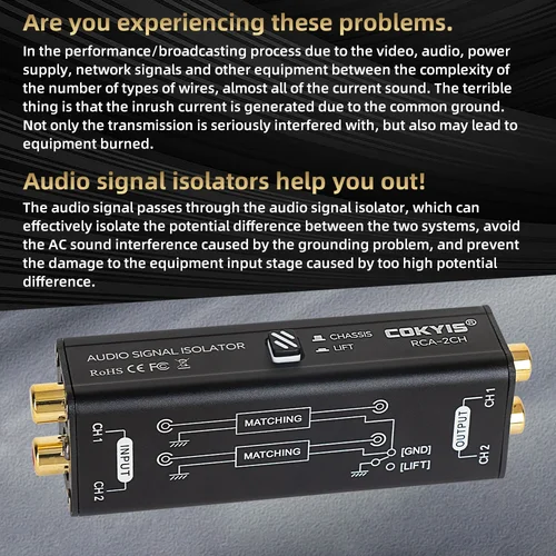 Imagen 2 del producto Eliminador de Hum profesional, aislador de señal de Audio, filtro de ruido, Musical portátil, 2 canales, RCA, accesorios aisladores de bucle de tierra