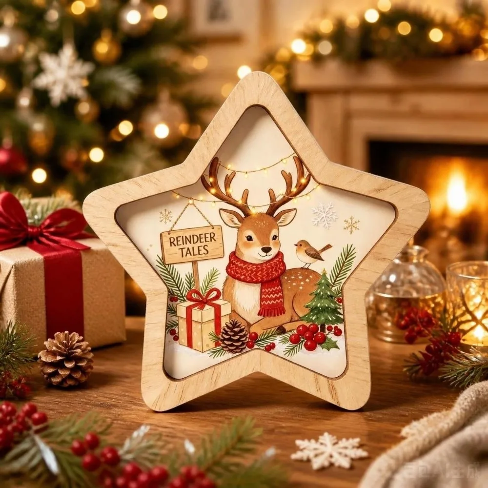 Beautiful Wooden Christmas Decoration Santa Claus Star Shape Home Ornaments 2D Print Rabbit Wall Decor Home Decoration
