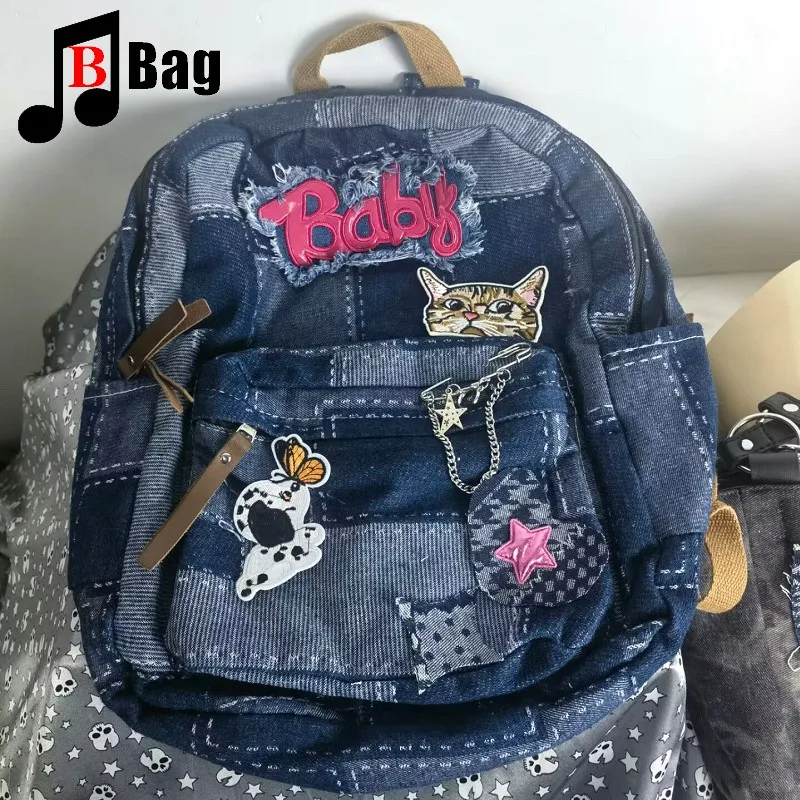 Harajuku Women Y2K Girl denim Lattice Backpack Students Large Capacity Backpacks book bag Computer Handbag School  Backpacks