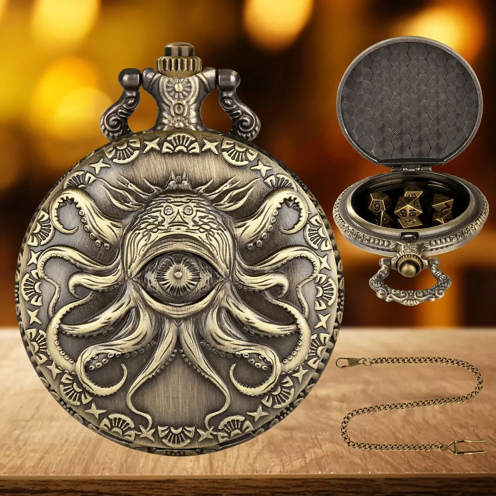 Retro One Eyed Octopus Relief Pocket Watch Case with DND Dice Thick Waist Chain Jewelry Accessories Gifts