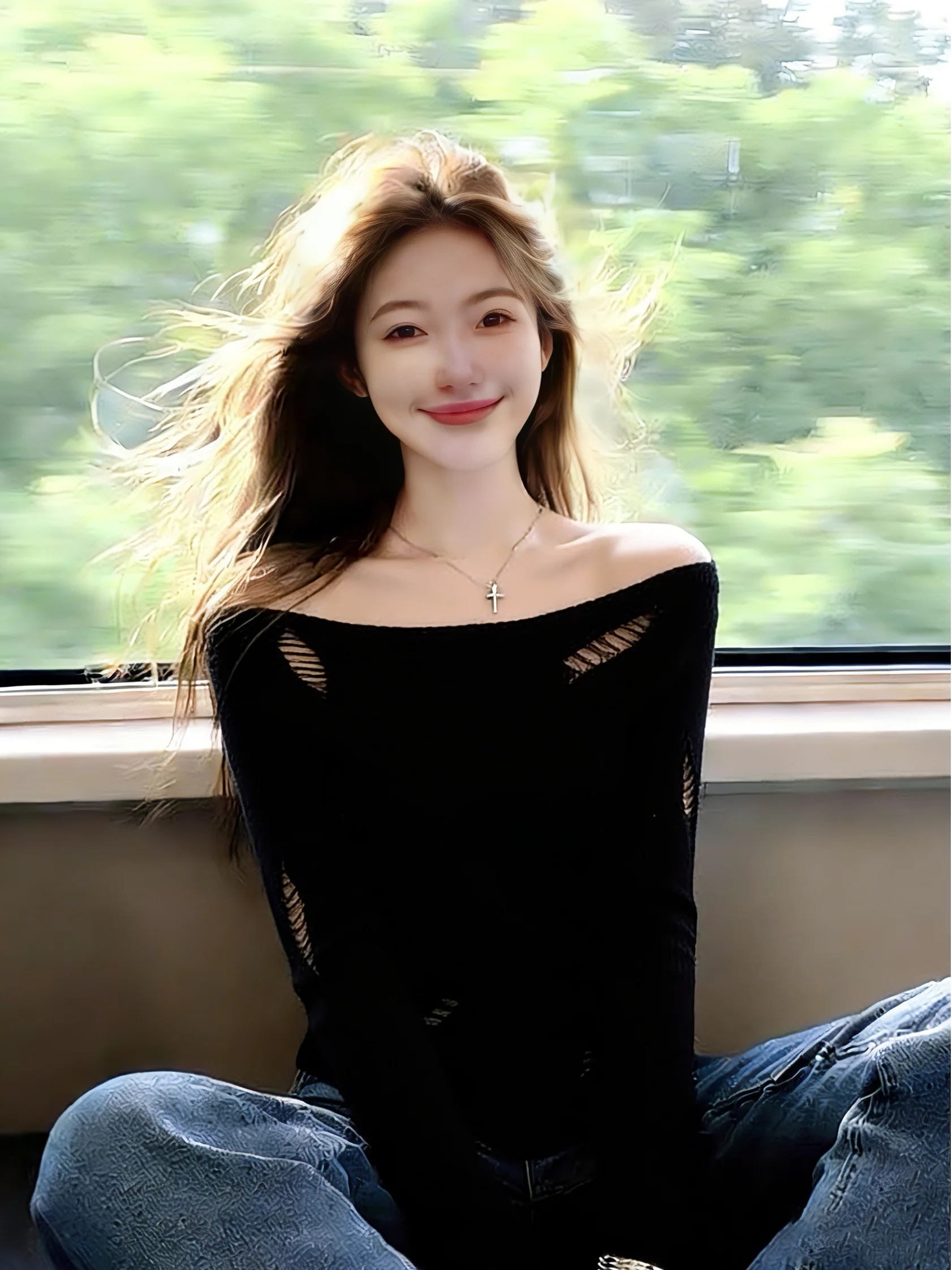 

Elegant Hollow out Long Sleeve Knitted Sweater Women's Early Spring New Style Shoulder Bared Top Self Kept Advanced Feeling