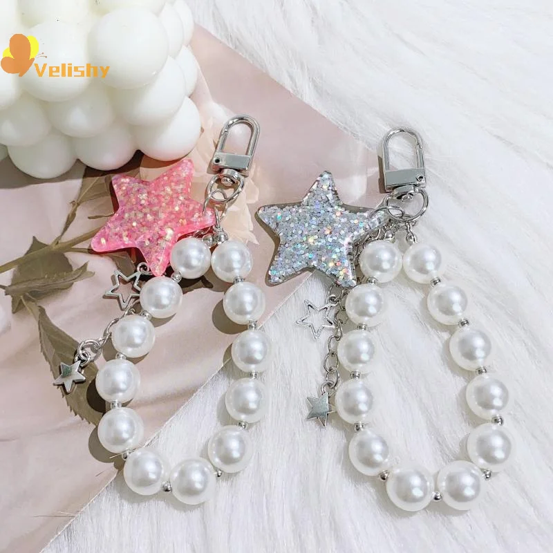 Kawaii الكرتون ستار سلسلة هواتف محمولة اللؤلؤ مطرز المفاتيح حقيبة أنيقة سحر الأزياء قلادة المفاتيح ظهره الديكور الهدايا