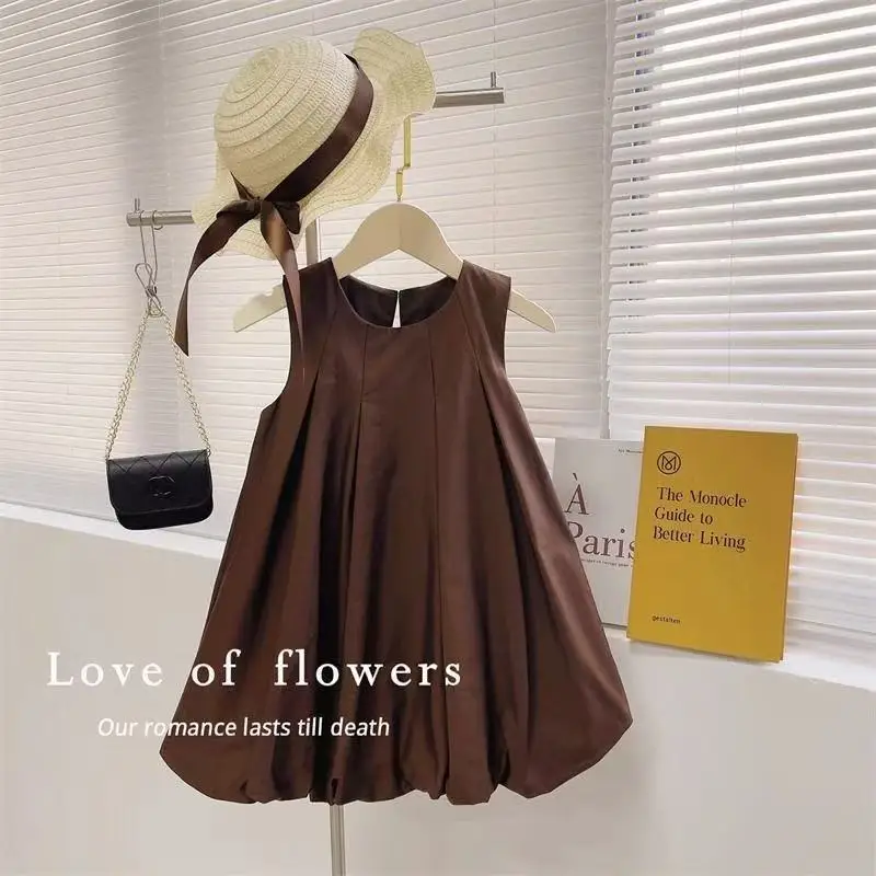 

Summer Girls Dress Korean Style Simple Fresh Solid Color Puffy Bud Hem Princess Dress In Stock for 80-130cm