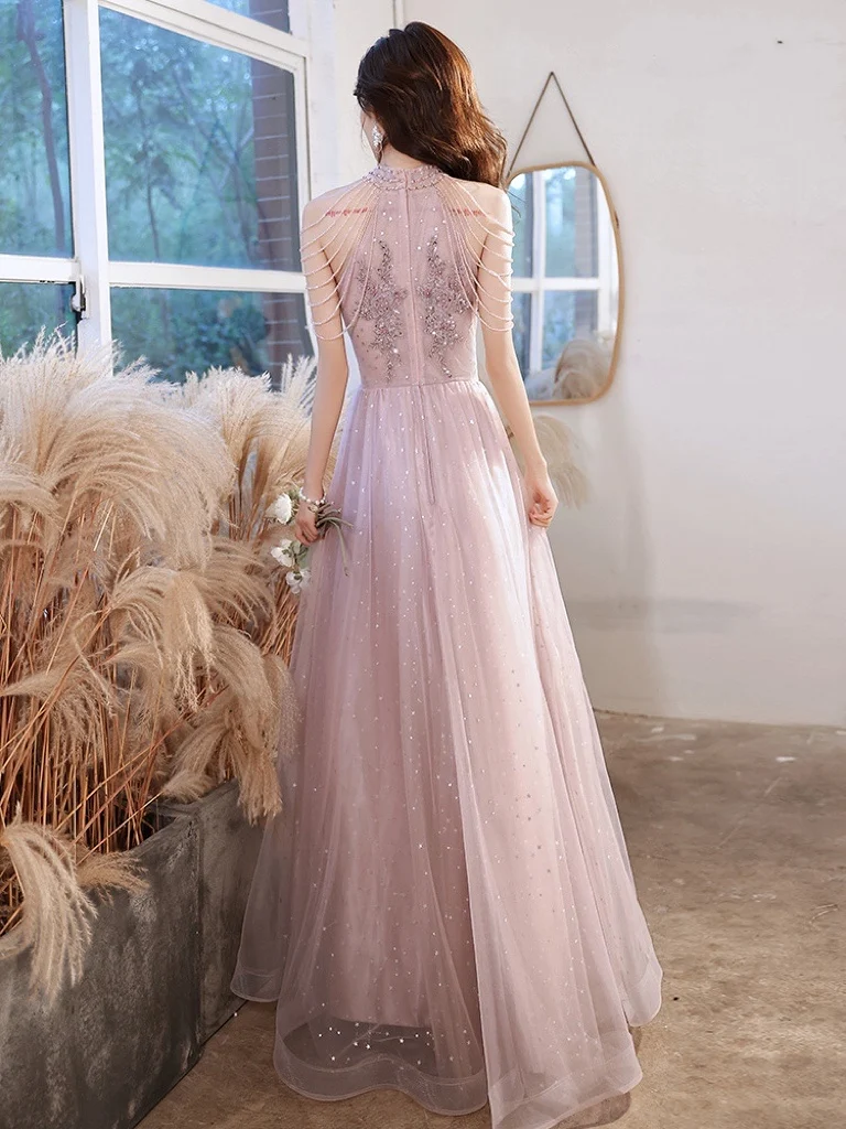 Elegant Pink Celebrity Dress Sequins Beading Halter With Tassel Sleeve A Line Exquisite Floor Length Prom Evening Gowns 2024 New