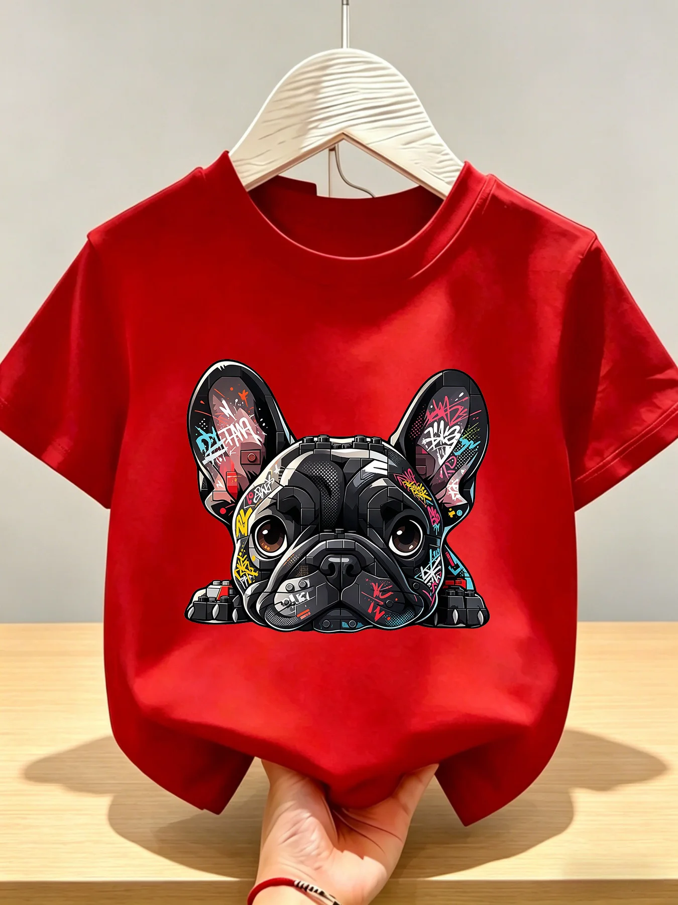 Creative Block Graffiti Printed Children's Short Sleeves for Fighting Dogs Daily Leisure, Personalized Parent Child Clothing