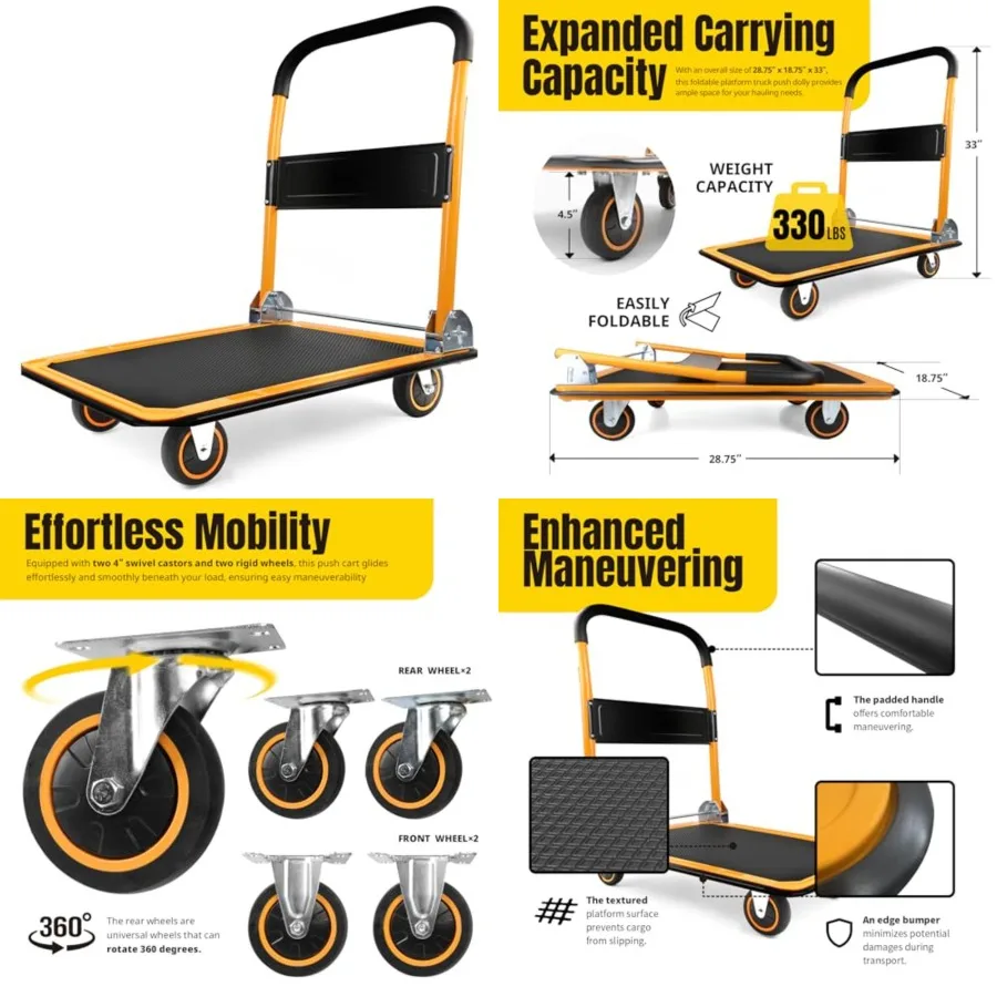 

Foldable Platform Truck Push Dolly 330 lb Capacity 28.75 x 18.75 x 33 HeavyDuty Utility Cart with Fold Down Handle for Home Gar
