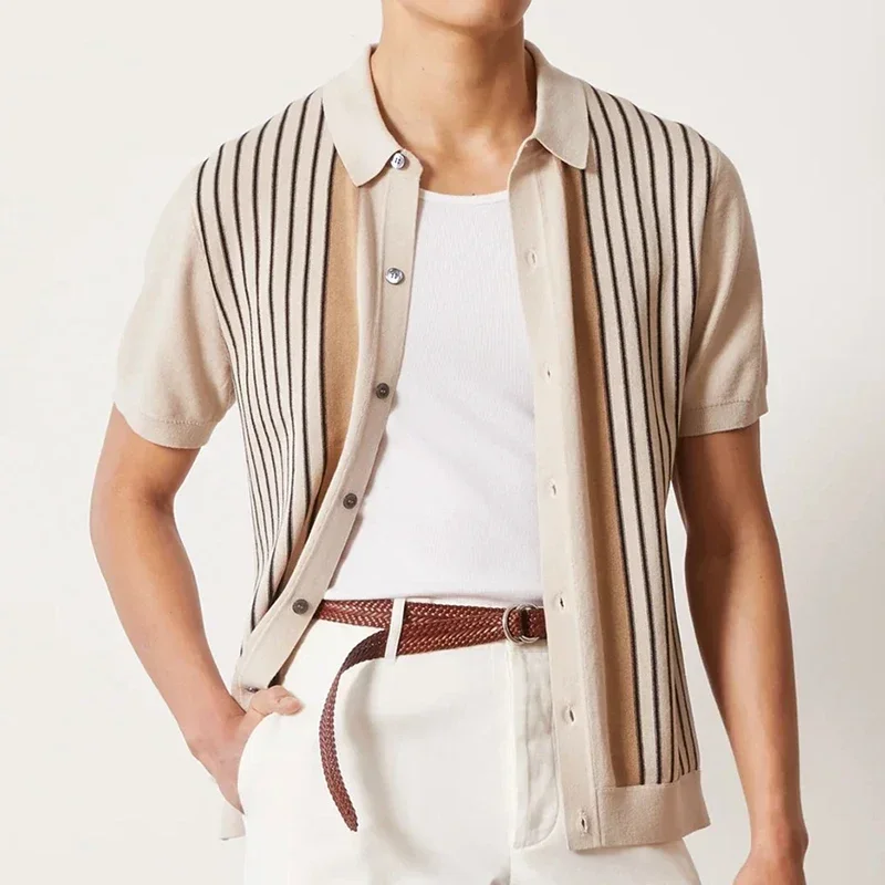 Luxury Summer Men's Clothing Striped Knit Polo Shirts Single Breasted Short Sleeve Casual Slim Shirts Button-down Retro Knitwear