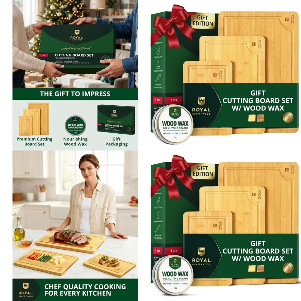 3-Piece Reversible Bamboo Cutting Board Set with Deep Groove & Handles - Premium Charcuterie Boards for Kitchen Gifts
