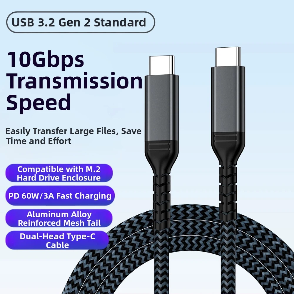 PD 60W USB 3.2 10Gbps 3A Braided Type C To C Fast charge Data Cable For iPhone 15 16 17 Pro max Samsung Vivo Phone Macbook iPad