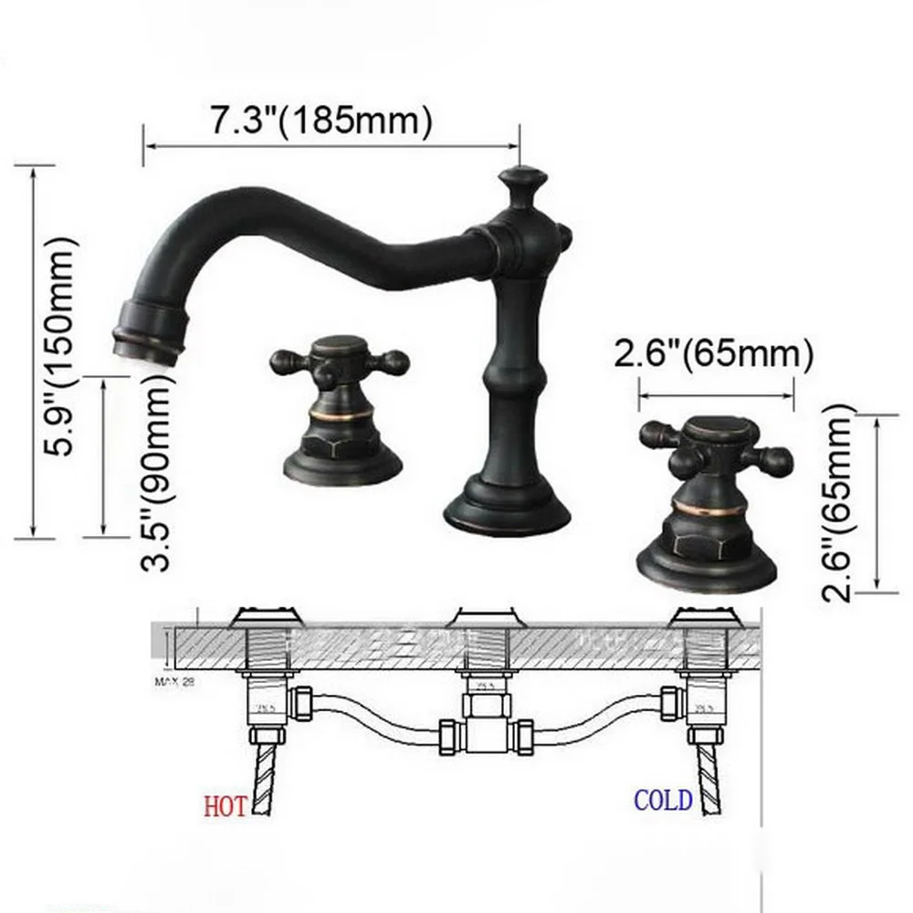 Basin Faucet Deck Mounted 3 piece set Bathroom Black Oil Rubbed Brass Two Handle Sink Mixer Tap Nnf200