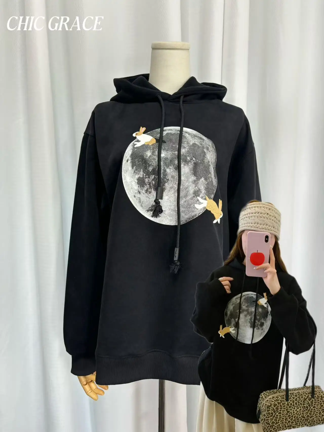 Korean Style Moon Rabbit Embroidery Long Sleeve Hoodie Women Autumn New Oversized Casual Sweatshirt