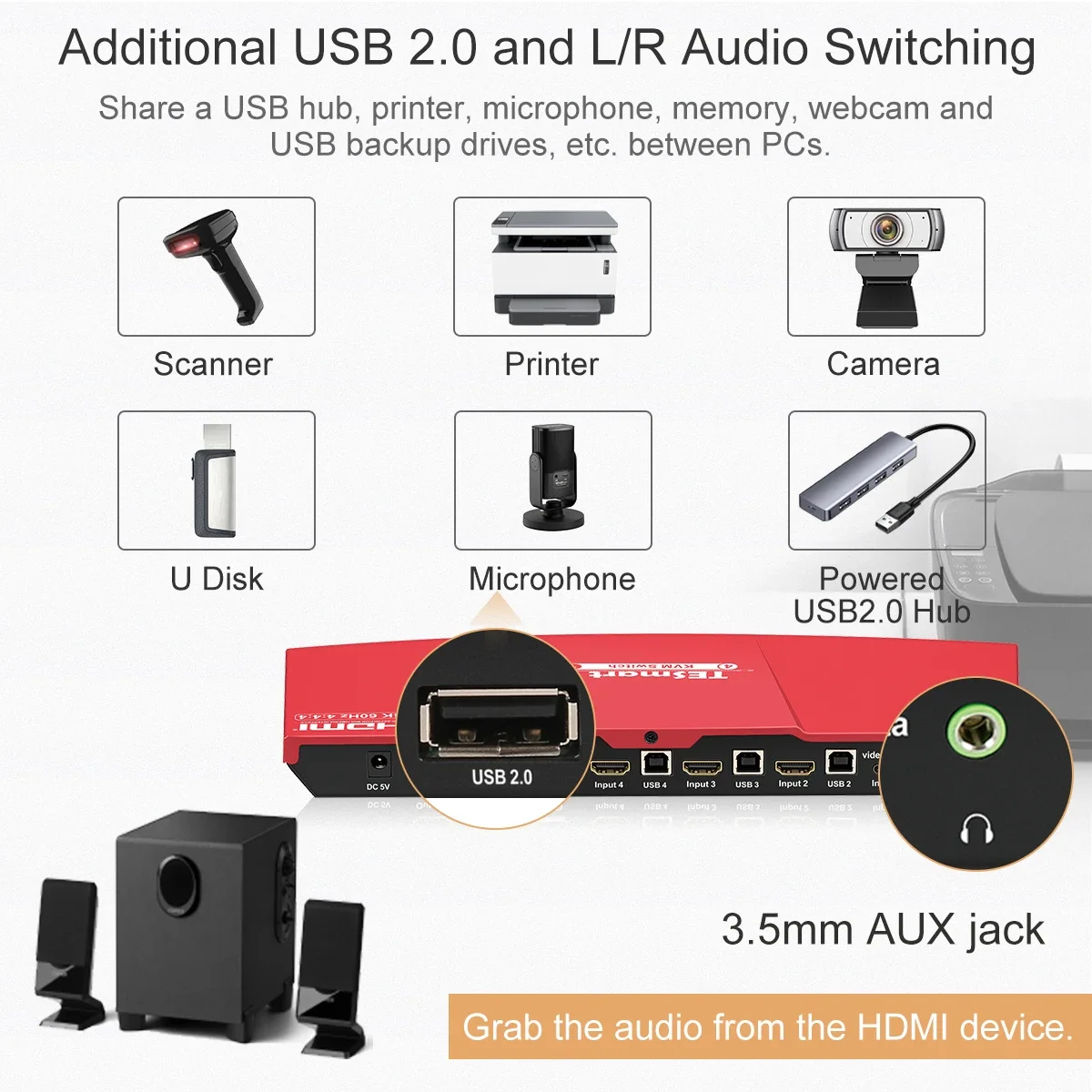 OEM ODM Input 3 HDMI + 1 USB-C Output 1 KVM Switcher 4K60HZ With L/R Audio EDID Mouse Keyboard Compatibility KVM Switch