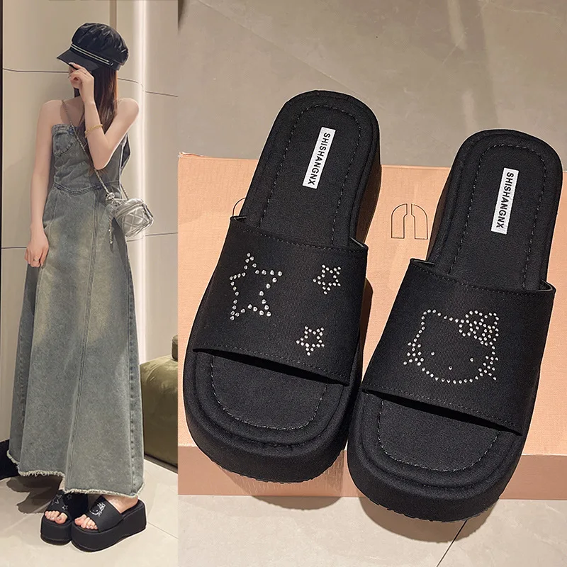 

Summer Cute Hello Kitty Height Increase Platform Women Slippers Ins Trend Travel Outdoor Beach Sandal Anti-Slip Home Shoes