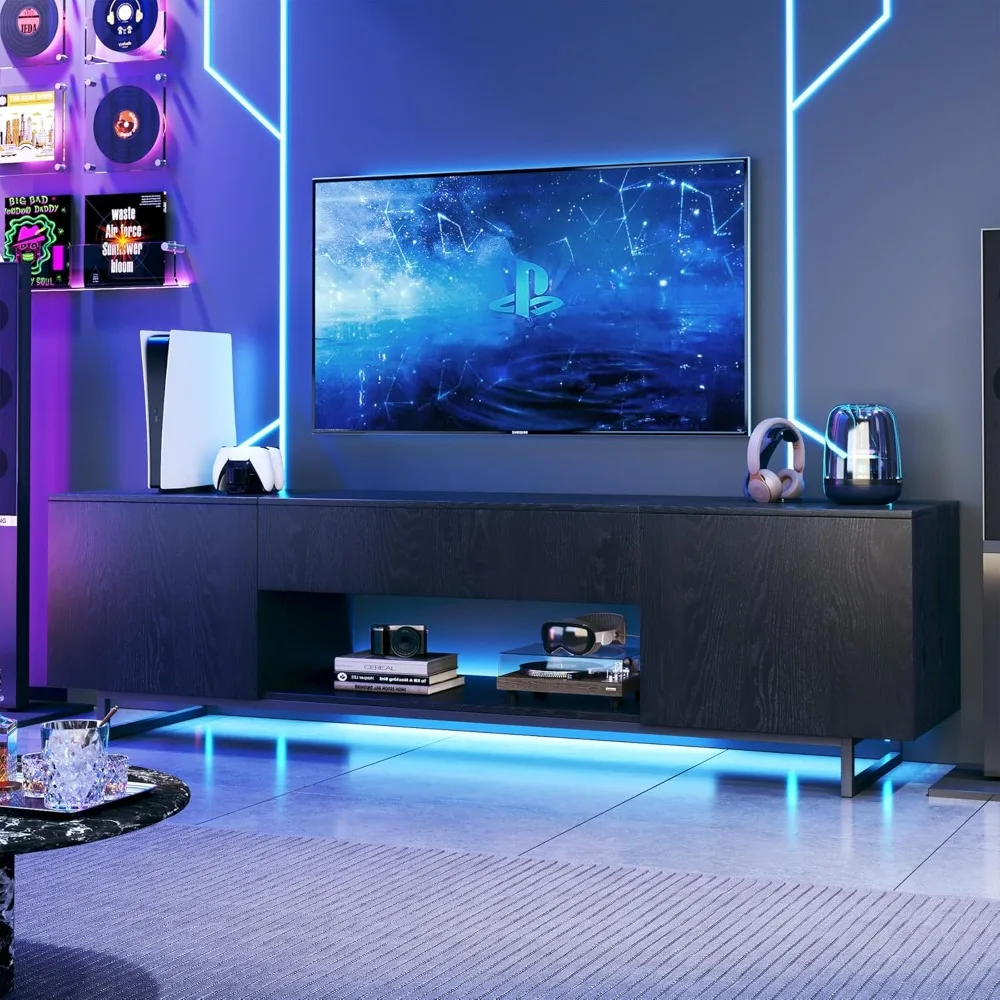 

TV Stand for 75 inch TV, Entertainment Center with LED Light, Modern Wood TV Console with Texture Entertainment Stand.