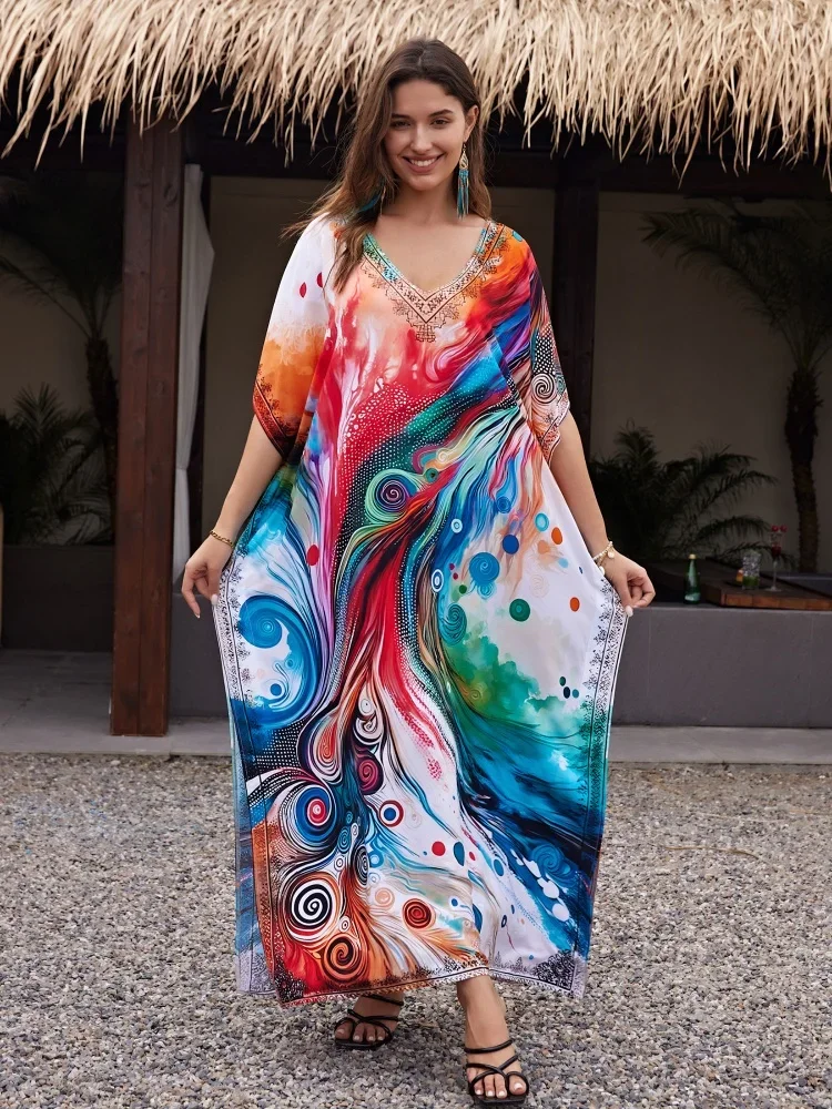 2024 Women's Sexy V-neck Bohemian Long Dresses Oversize Kaftan Vacation Outfits Vibrant Color Beach Wear Moo Moo Dress Q1594