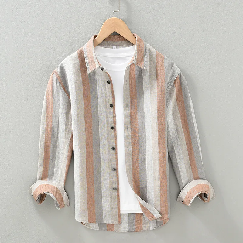 

New 100 % Linen Mens Long Sleeve Shirt Breathable Beach Men Top Japanese Vintage Yarn-dyed Contrast Color Striped Shirt Causal