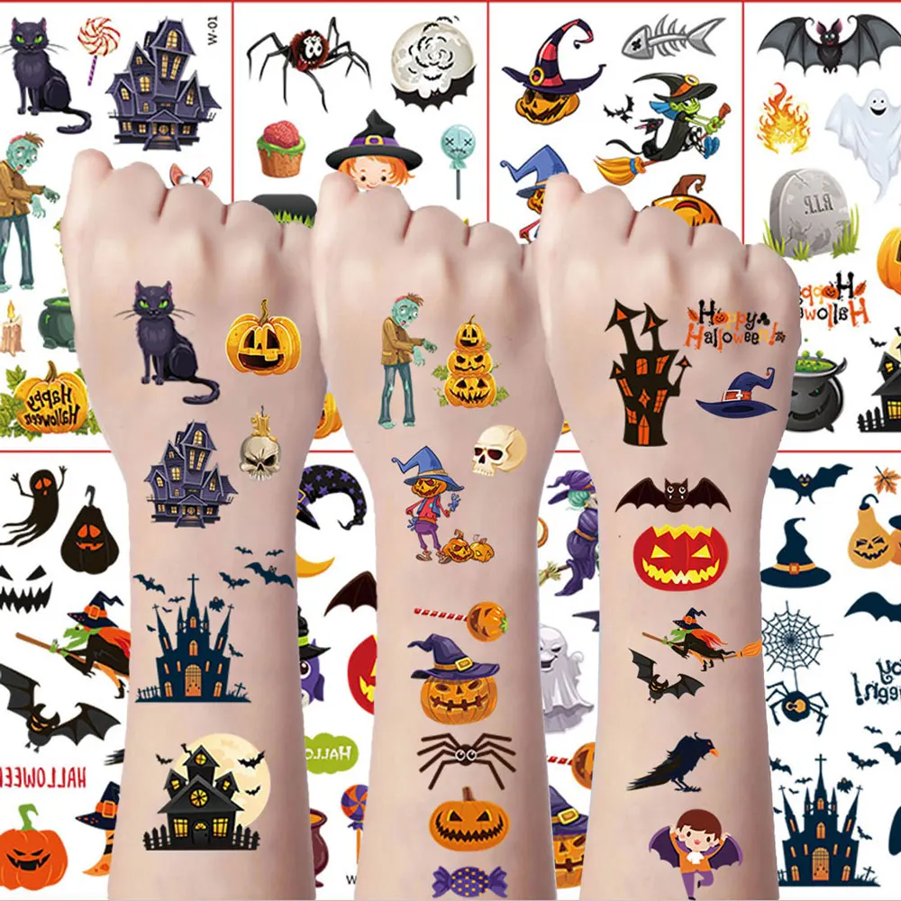 10Pcs Halloween Pumpkin Temporary Tattoo Stickers For Children Waterproof Spider Bat Ghost Fake Tattoos For Men Women Hand Face