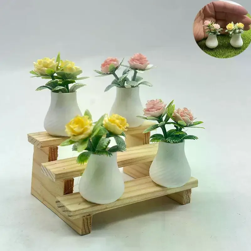 【Y】1Pcs Dollhouse Prop Miniature Photography Accessory Mini Rose Plant Potted Flower Model Home Tabletop Decor Craft