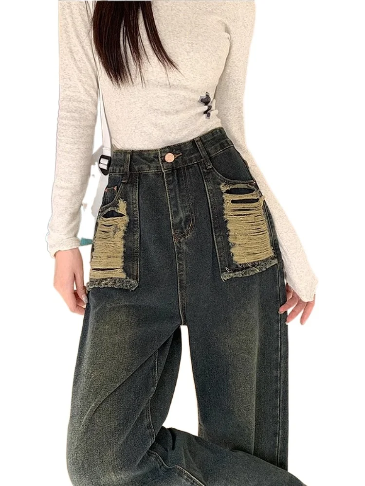 Taille haute jambe large américain rétro Denim pantalon ample pantalons longs pour poire aped femmes automne nouveau Sle taille haute droite...