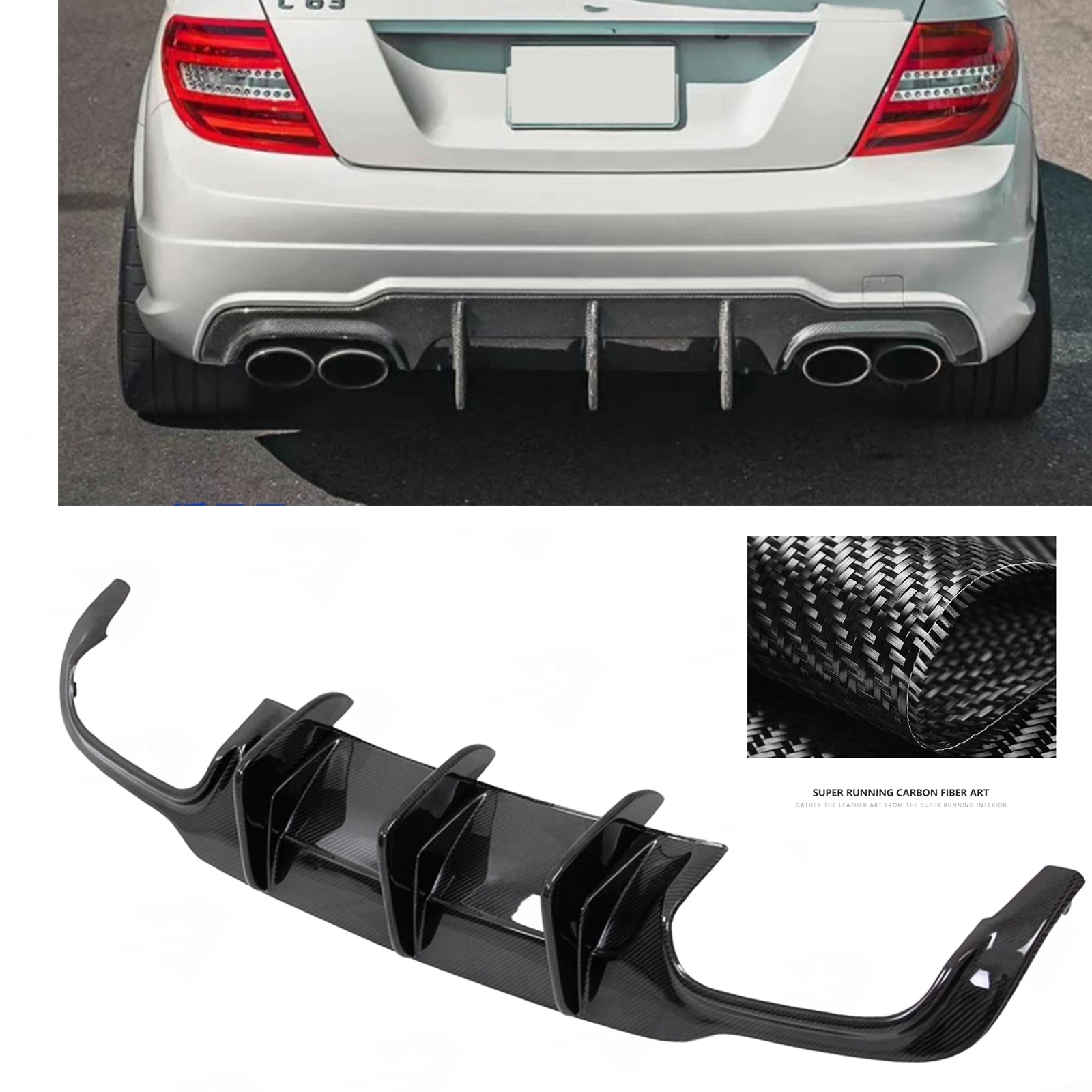 Carbon Fiber Rear Bumper Diffuser Lip Exhaust Guard Board Spoiler Lower For Mercedes Benz W204 C63 AMG 2012-2014