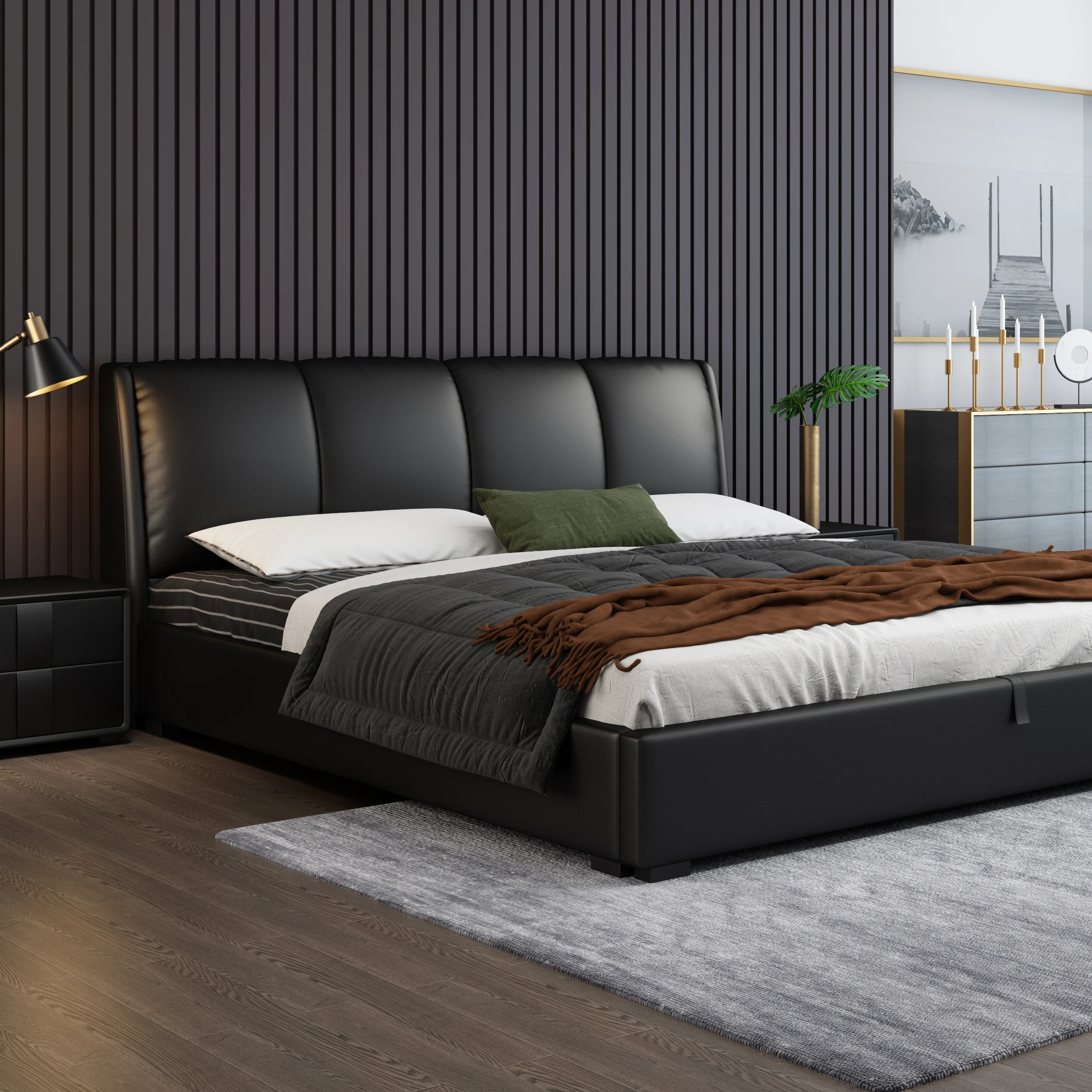 #Chinese Factory Hot Selling Simple Modern Design Bed Furniture Solid Wood + Leather Basic Material Bedroom Set