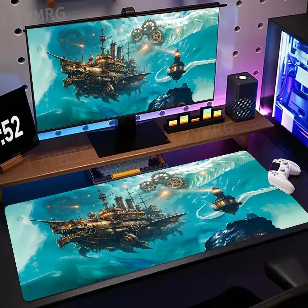 Retro Steampunk Dragon Airship Floating Lighthouse Large Desk Mouse Pad Non Slip Keyboard Mat for Laptop PC Office Table Decor