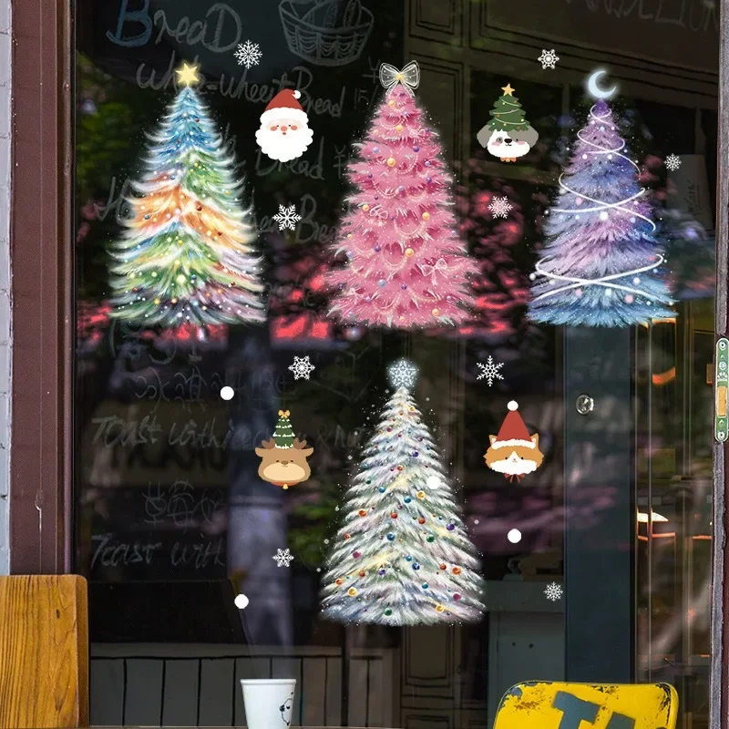 Fluorescent Color Christmas Tree Stickers Crayon Drawing Xmas Tree Window Glass Stickers Merry Christmas Decor Happy New Year