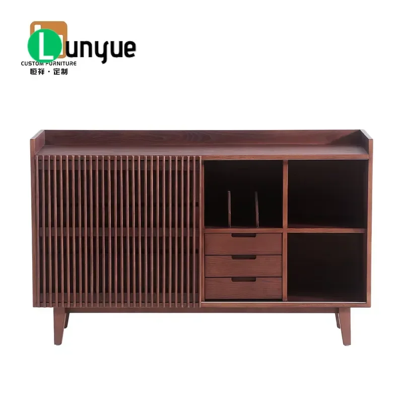 Modern Solid Wood Walnut Veneer Sideboard Large Capacity Space Saving Eco Friendly Storage Cabinet for Living Room Furniture