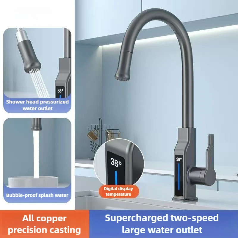 Kitchen Pull-Out Sink Faucet White Gunmetal Multifunctional Kitchen Faucet Household Digital Display Faucet
