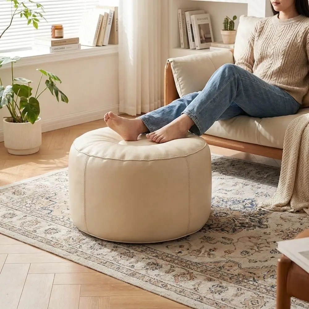 Clothes Storage Bag PU Leather Pumpkin Pouf Cover Minimalist Non-Slip Pouf Cover Unstuffed Large Capacity Bean Bag Cover Closet