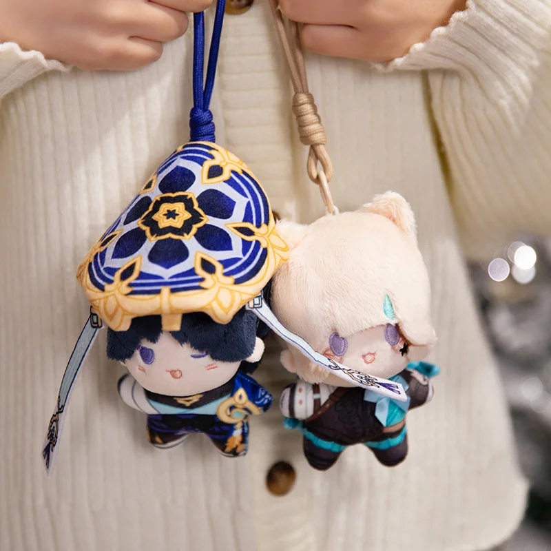 12cm genshin impacto figura dos desenhos animados plushies andarilho furina lyney lynette boneca bonito mini saco de brinquedo macio pingente chaveiro de pelúcia