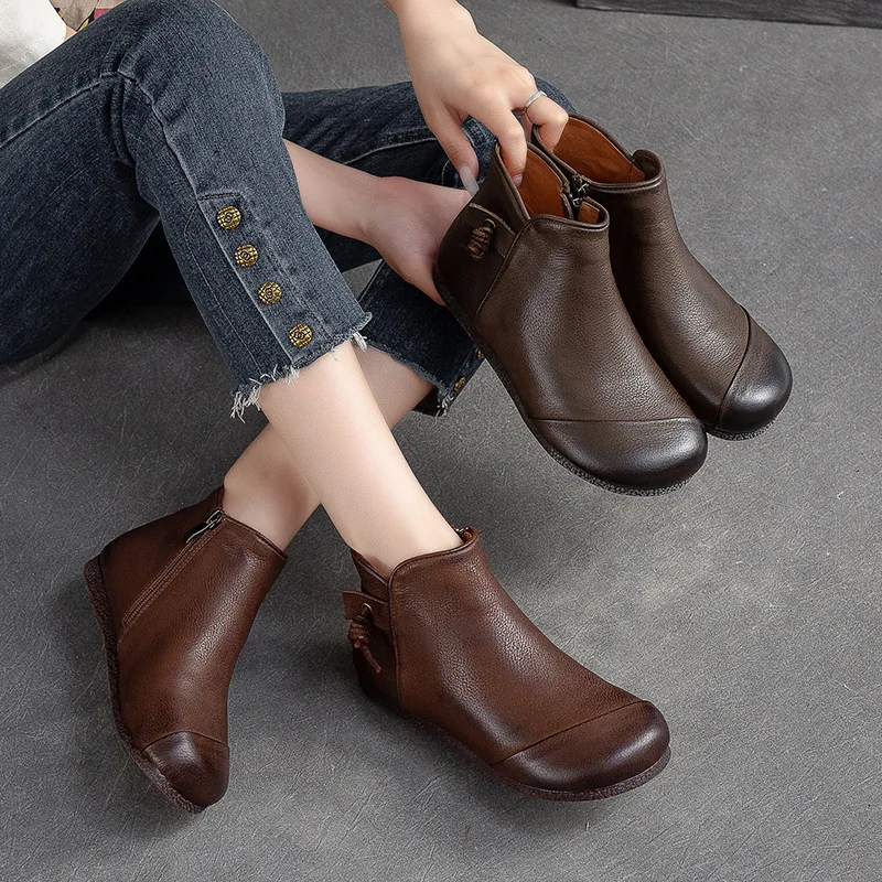 GKTINOO Winter Genuine Leather Ankle Boots 2024 Handmade Lady Soft Flat Shoes Comfortable Side Zip Ankle Boots Size 40