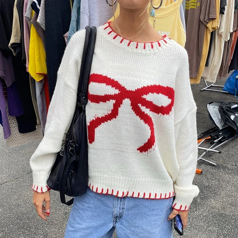 Bowknot Patterm Loose Fit Knitted Sweater Autumn Winter O Neck Long Sleeve Pullovers Preppy Cute Y2K Aesthetic Grunge Knitwear