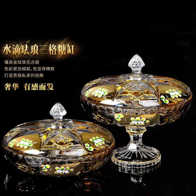 

European-style gold-inlaid crystal glass candy box household living room with lid enamel flower fruit plate high-end home orname