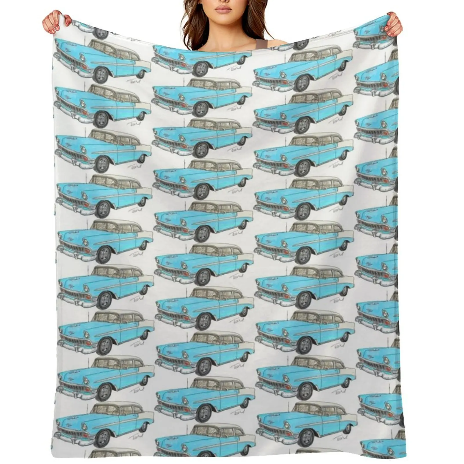 

1956 Belair 2 Door Post - White & Blue Throw Blanket blankets ands valentine gift ideas Hairys Comforter Blankets