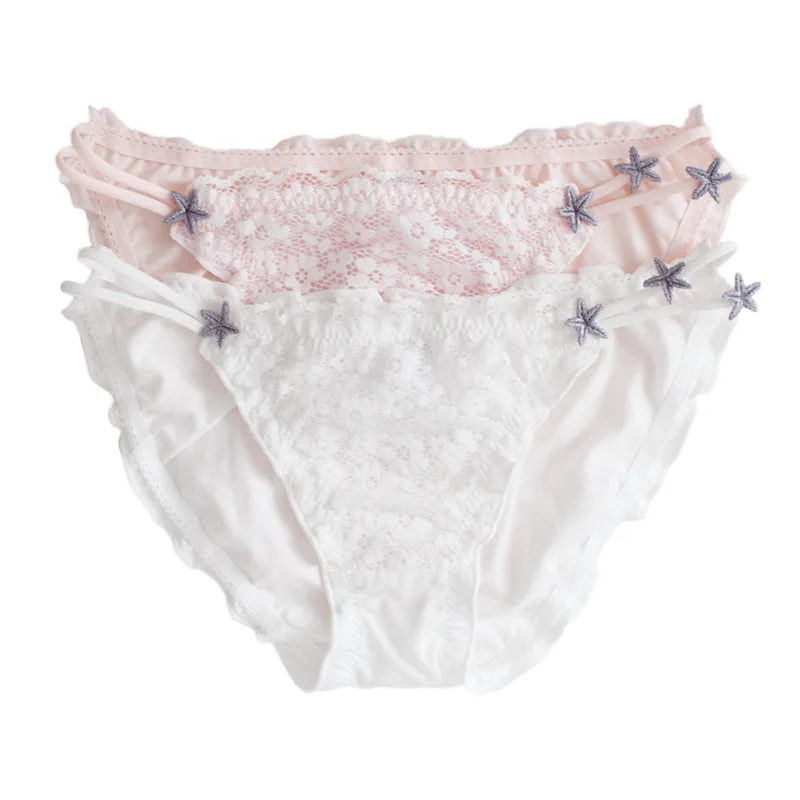 Women Cotton Sexy High Fork Star Belts Embroidery Low Waist Seamless Underwear Cute Lovely Sweety Breathable Princess Panties