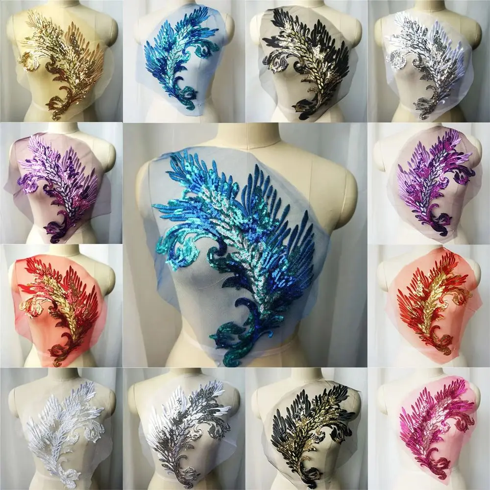 Patch Sequin Embroidery Sequin Appliques Phoenix Tail DIY Feather Appliques Lace Fabric Wedding Gown DIY Decoration