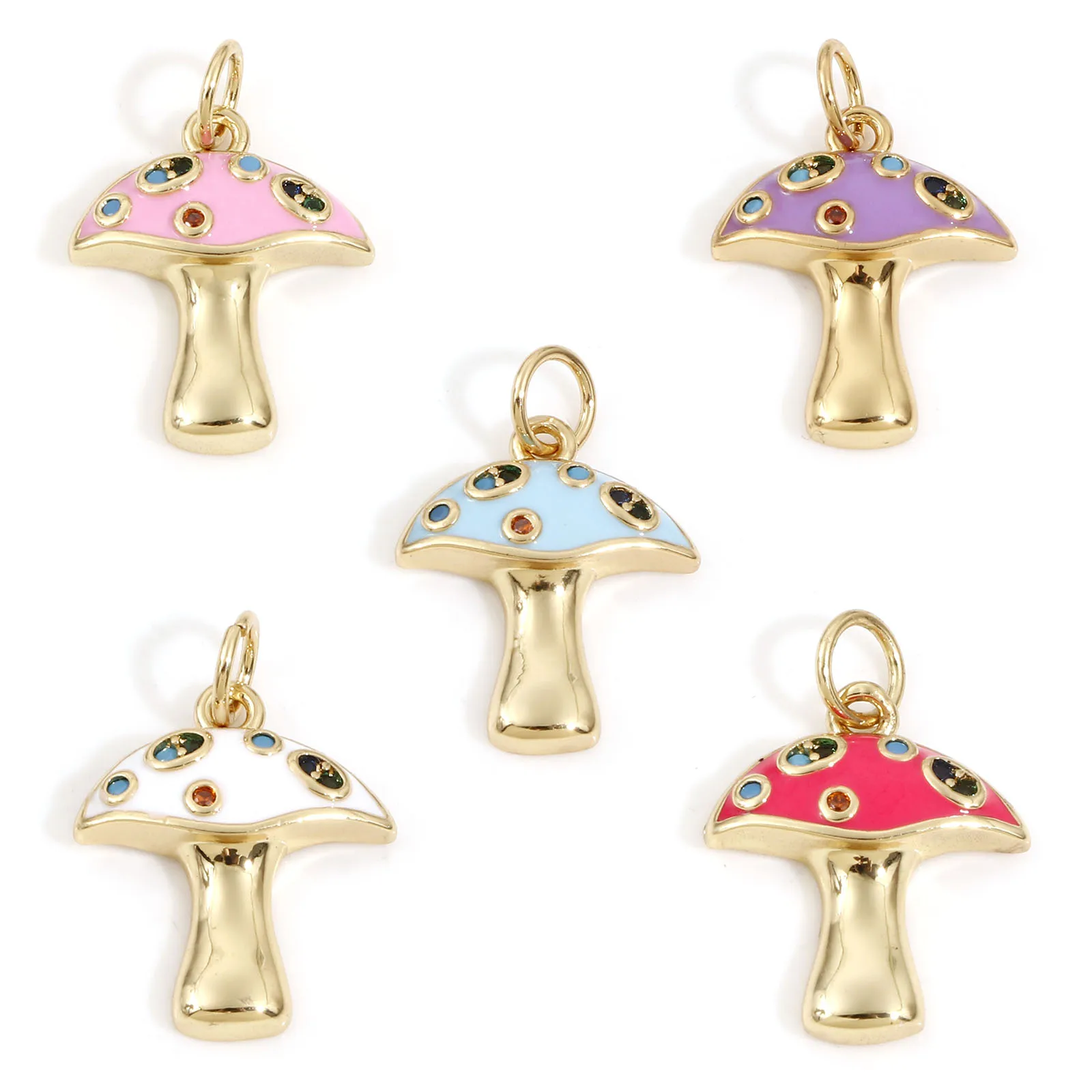 Mushroom Enamel Copper Charms 18K Gold Color Multicolour Cubic Zirconia Charms Pendants for DIY Jewelry Making 20x14mm, 1 Piece