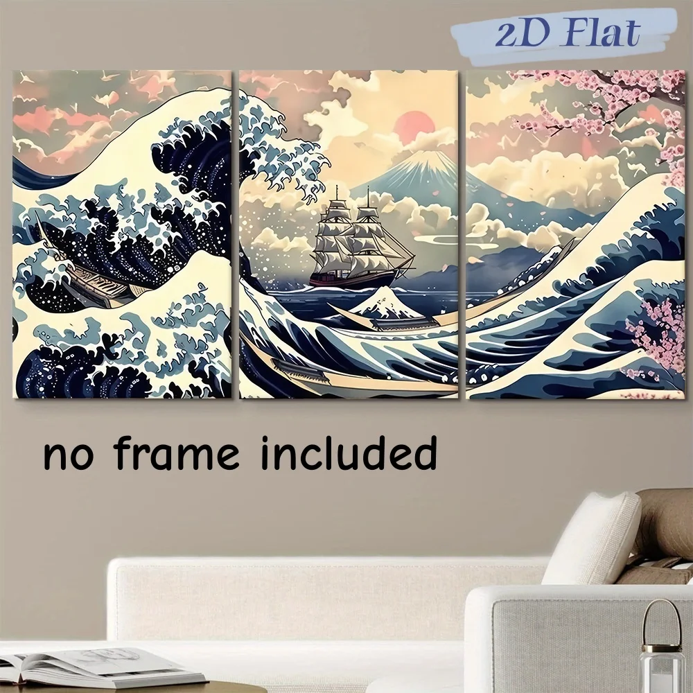 2D Flat,3pcs frameles,3-piece set of ukiyo-e style wave canvas paintings, modern living room entrance decoration paintings, fram