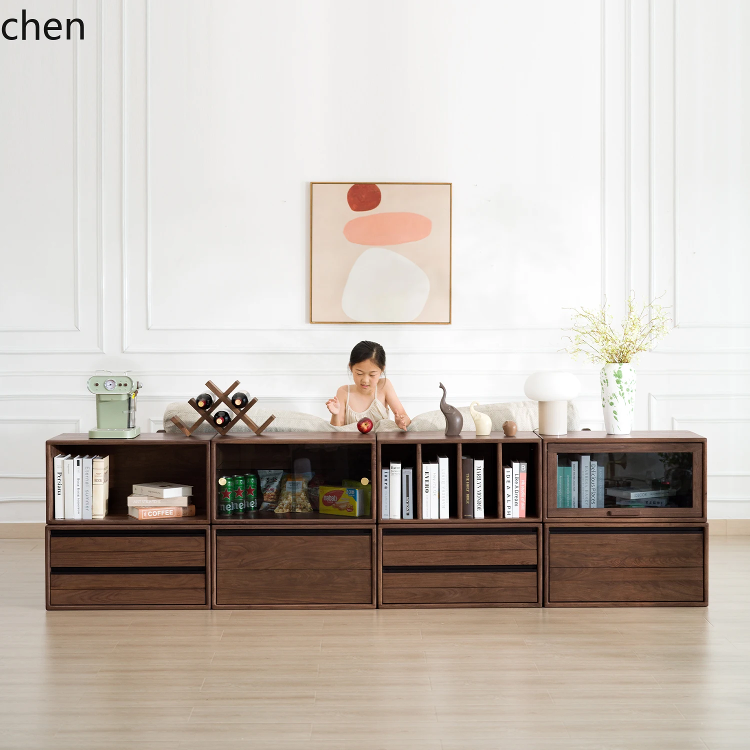 HXL Black Walnut Wood Module TV Cabinet Free Combination Bookcase Solid Wood Display Cabinet