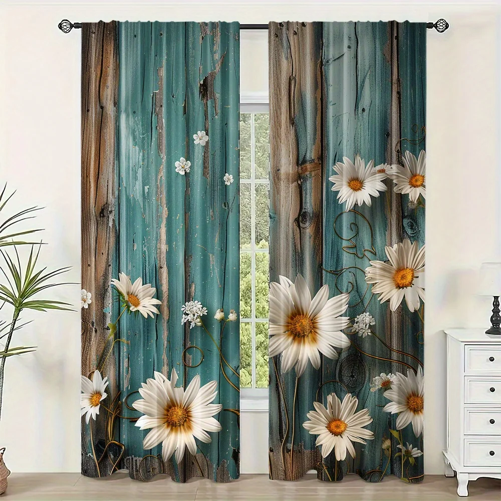 2-Piece Set Daisy Sunflower Wooden Barn Design Curtains Rod Pocket For Living Room Kitchen Bedroom Study & Dining Decor Window