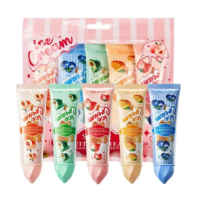 5pcs/set SADOER Fruit Ice Cream Hand Cream Moisturizing Nourishing Brightening Hydrating Hand Creams Hands Skin Care Products